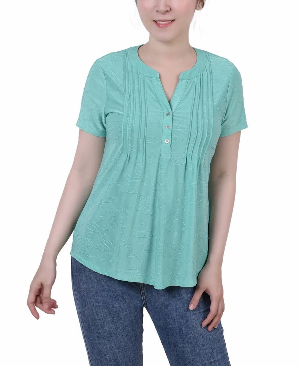 NY Collection Petite Jacquard 3/4 Sleeve Roll Tab Pintuck Top Size PL 3942